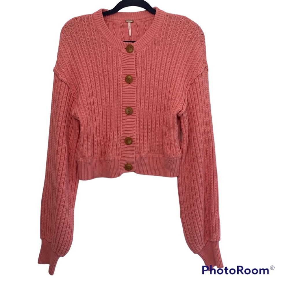 Free People All In Cropped Ribbed Cropped Cardigan Pink Size Large Barbiecore